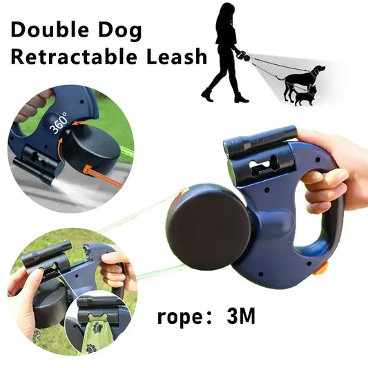 Retractable Dual Doggie Leash with LED Light No Tangle for Each Dog