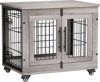 Heavy Duty Double Doors Wooden Dog Kennel with Cushion & Wheels