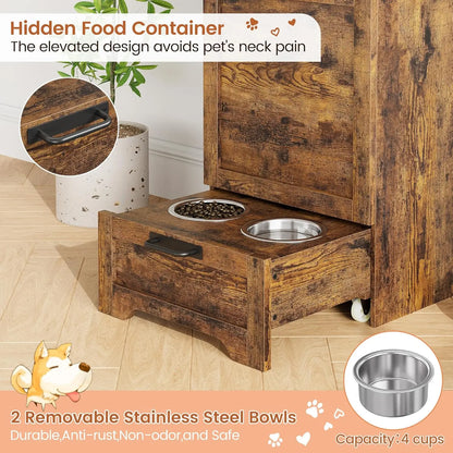 Dog Feeding Station with 2 Elevated Dog Bowls Flip Top Pet Food Cabinet Pet Food Container Pet Toys Storage Organizer