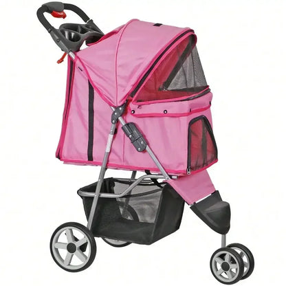 Foldable 3 Wheels Pet Stroller for Dog/ Cat with Cup Holder